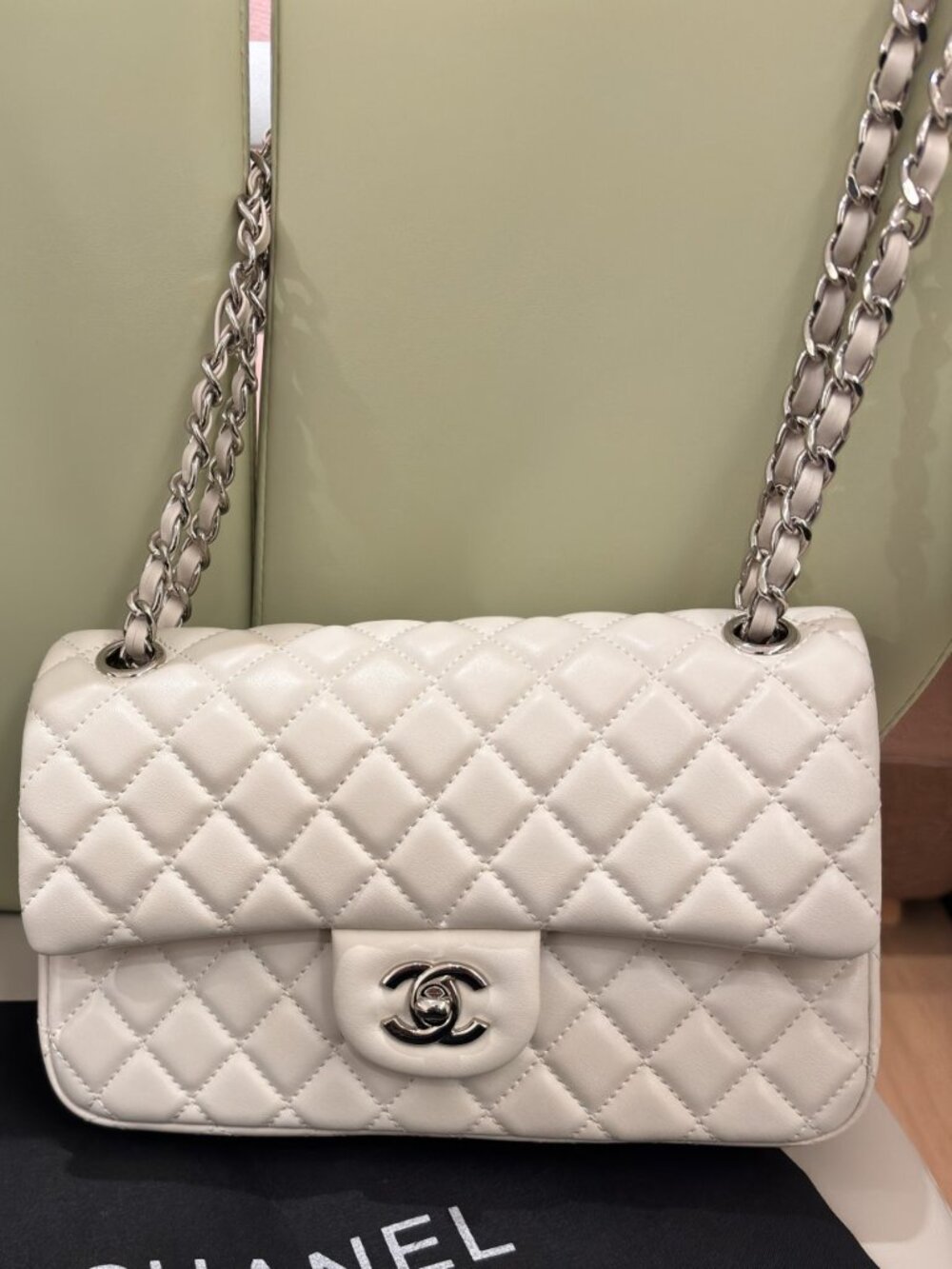 Chanel Classic Flap Medium Quilted Lambskin Shoulder Bag in White
